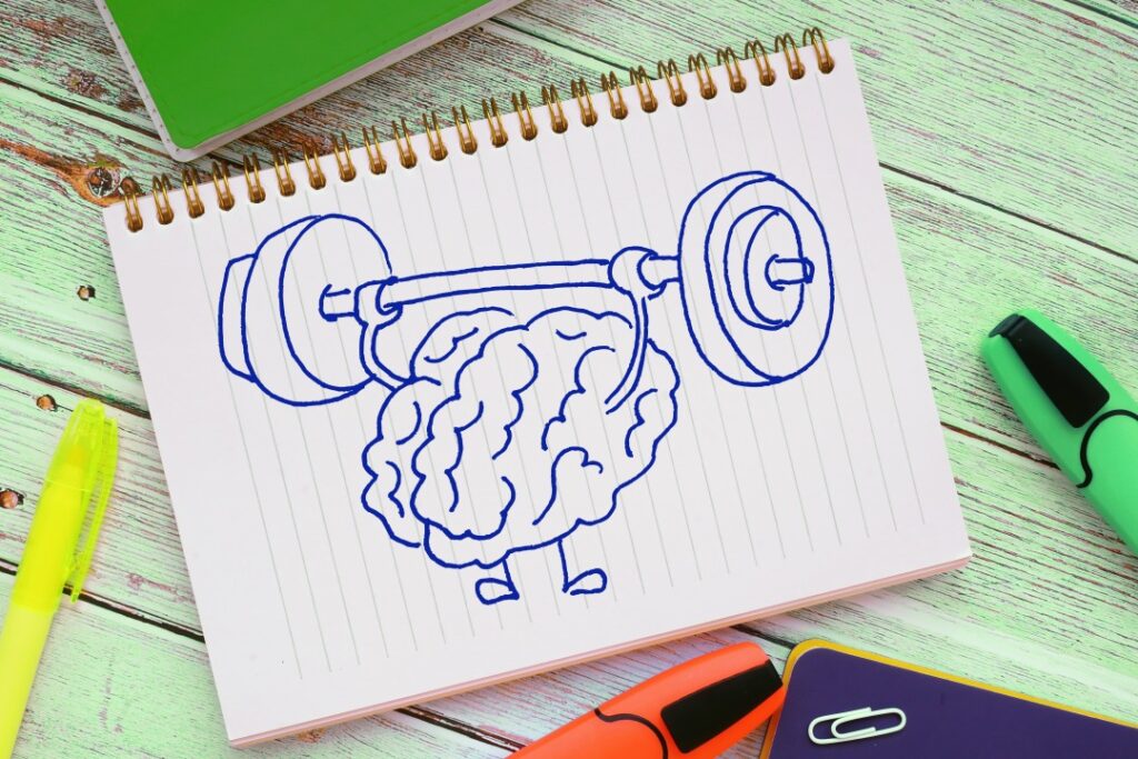 Brain training rock the muscles with a barbell. Creative idea concept.